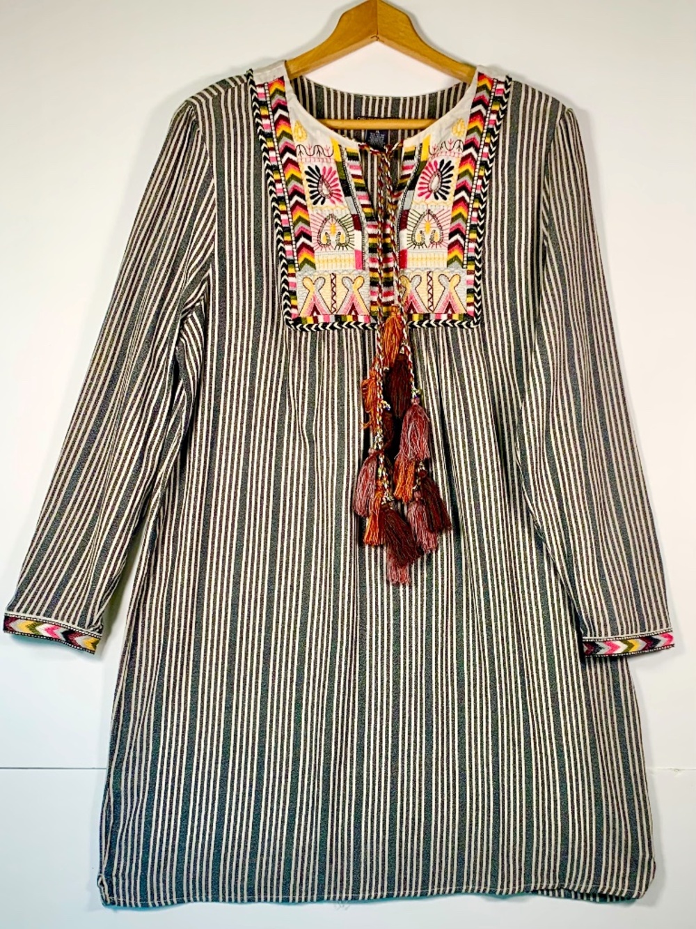 Chelsea + Theodore Boho Tunic Dress Tassel Red Charcoal Black Stripes Embroidery